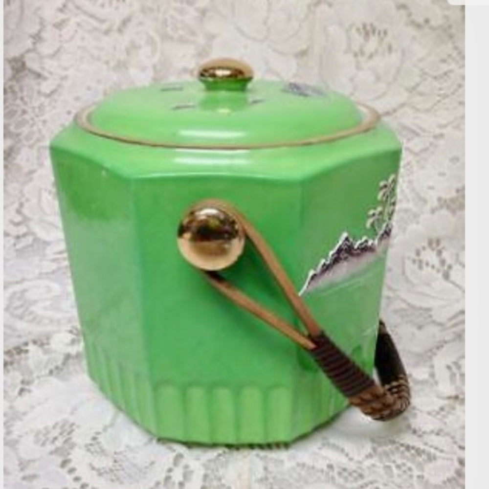 Vintage 1920s, Japan Variant Polychrome Willow, 7in x 8in Biscuit Jar
