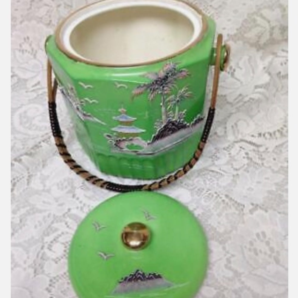 Vintage 1920s, Japan Variant Polychrome Willow, 7in x 8in Biscuit Jar