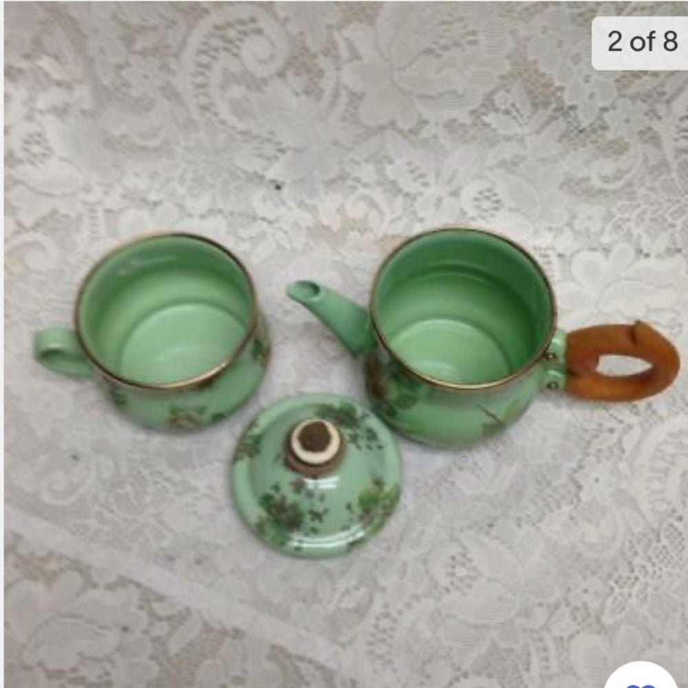 1995 Camp MacKenzie Childs Ltd., Green Floral Enamelware, 3pcTea Set