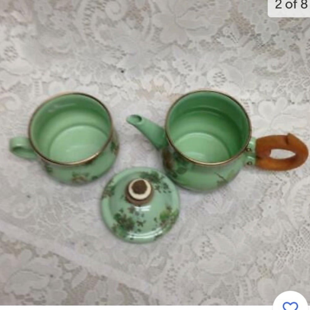 1995 Camp MacKenzie Childs Ltd., Green Floral Enamelware, 3pcTea Set