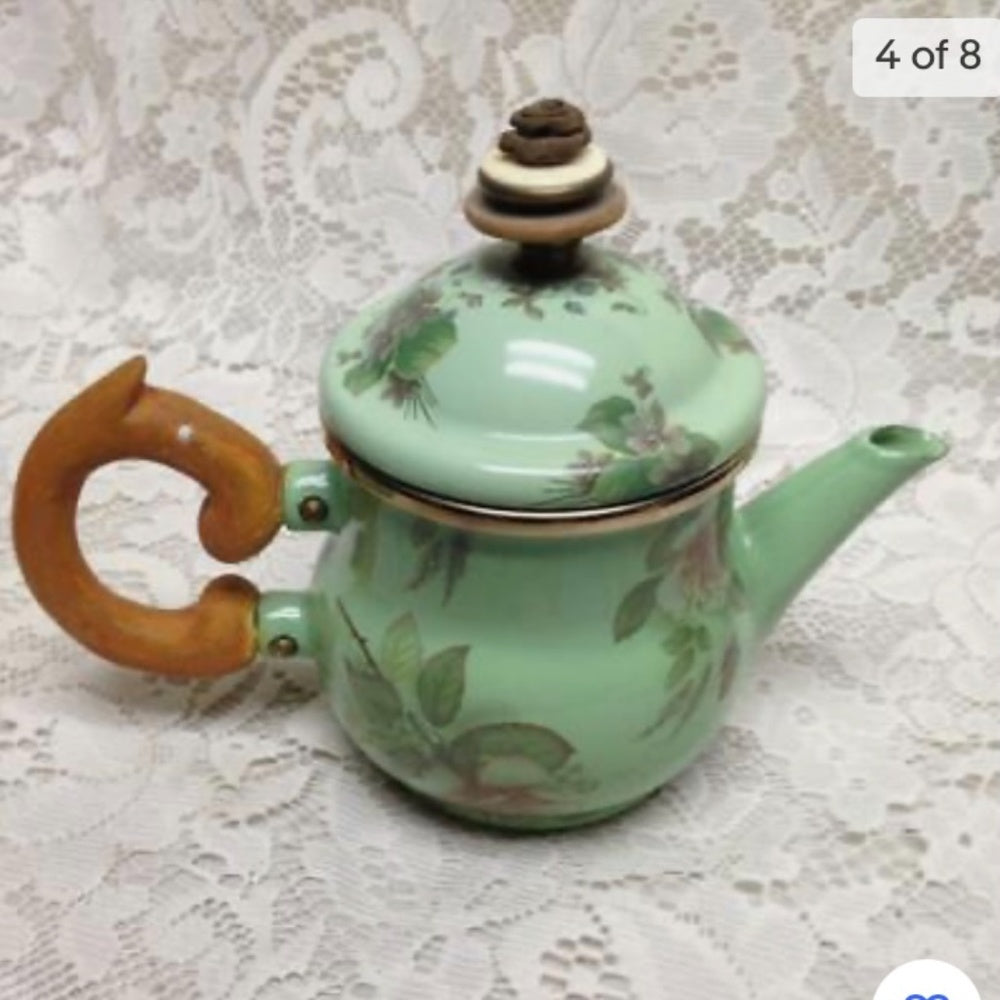1995 Camp MacKenzie Childs Ltd., Green Floral Enamelware, 3pcTea Set