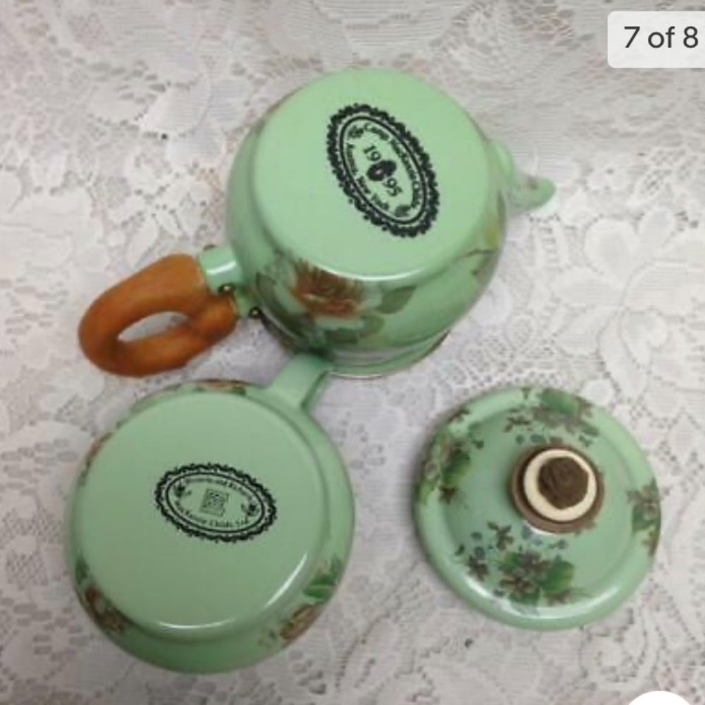 1995 Camp MacKenzie Childs Ltd., Green Floral Enamelware, 3pcTea Set