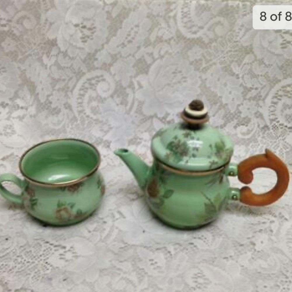 1995 Camp MacKenzie Childs Ltd., Green Floral Enamelware, 3pcTea Set