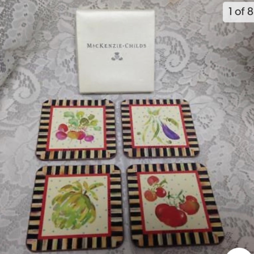 MacKenzie Childs Courtley Check, 4pc Coaster Set in Original Box