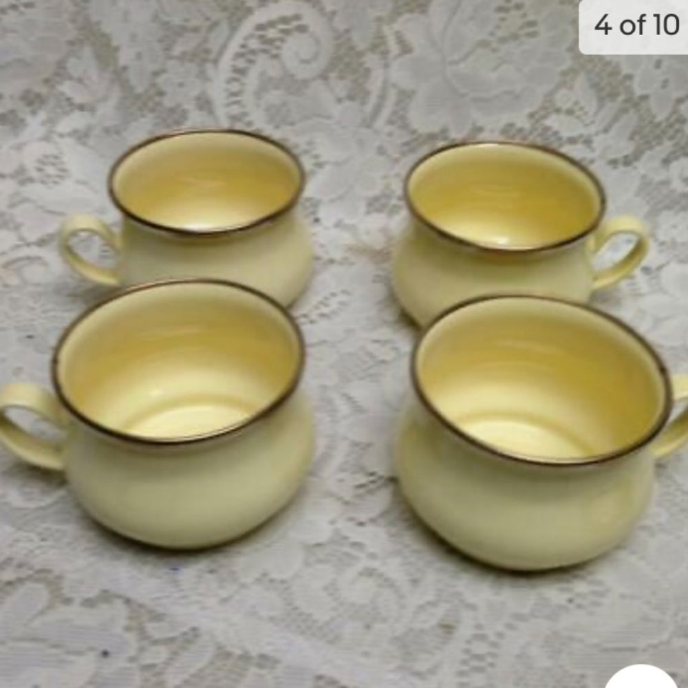Vintage MacKenzie Childs Ltd., Beige Floral Enamelware, 8pcTea or CampSet (4ZO10
