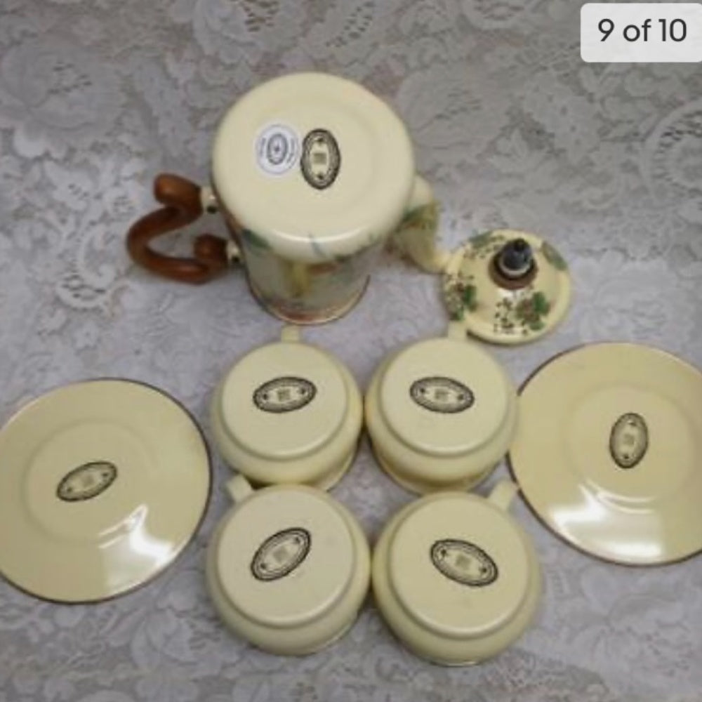 Vintage MacKenzie Childs Ltd., Beige Floral Enamelware, 8pcTea or CampSet (4ZO10