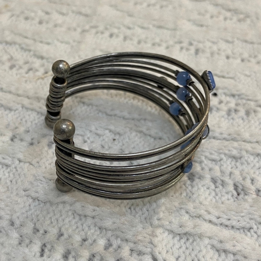Silver Multi Strand with Blue Stones Cuff Bangle