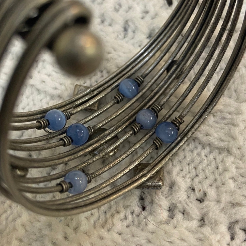 Silver Multi Strand with Blue Stones Cuff Bangle