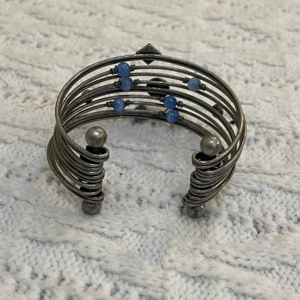 Silver Multi Strand with Blue Stones Cuff Bangle