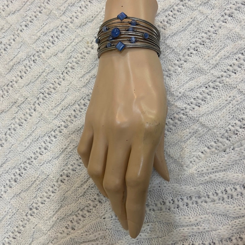 Silver Multi Strand with Blue Stones Cuff Bangle