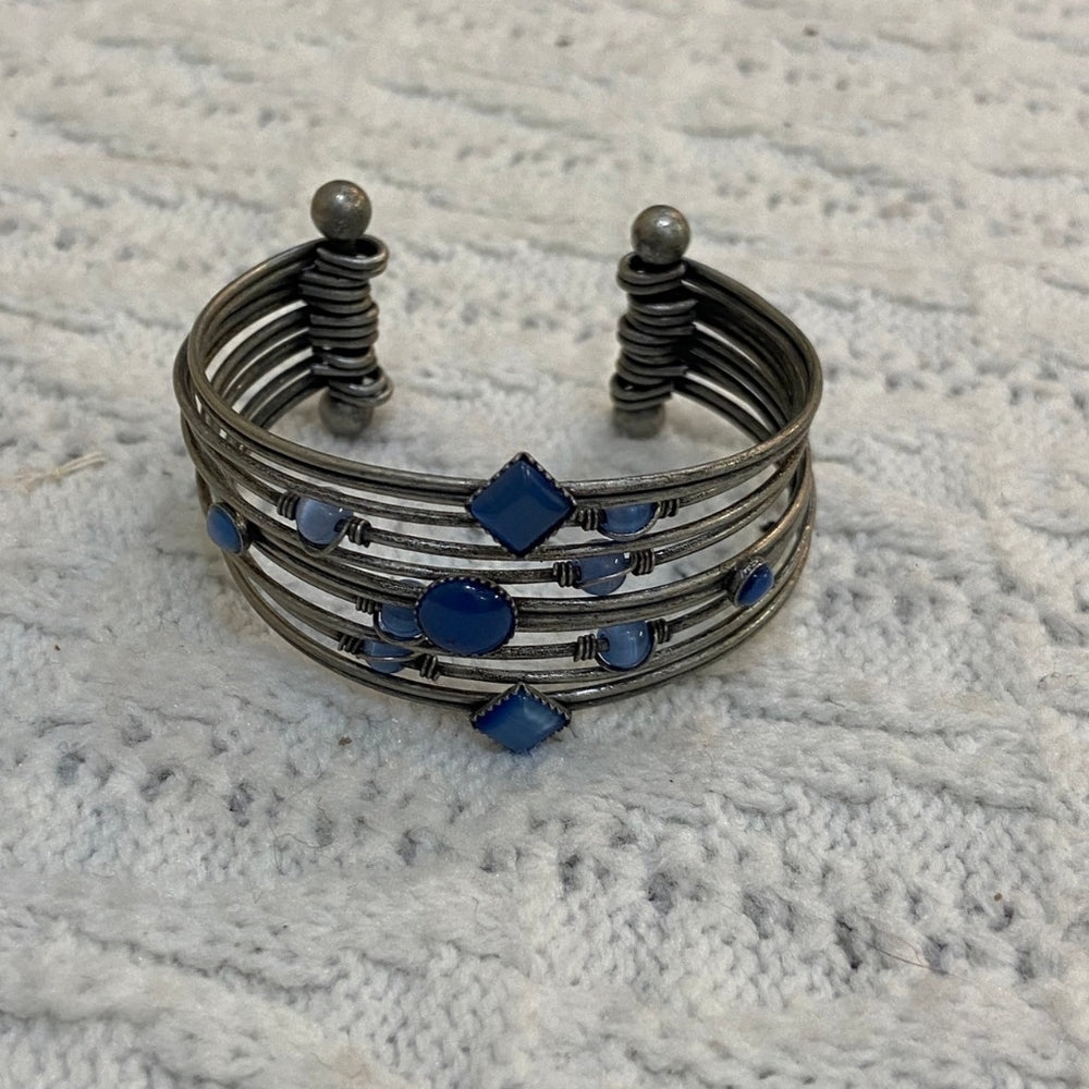 Silver Multi Strand with Blue Stones Cuff Bangle