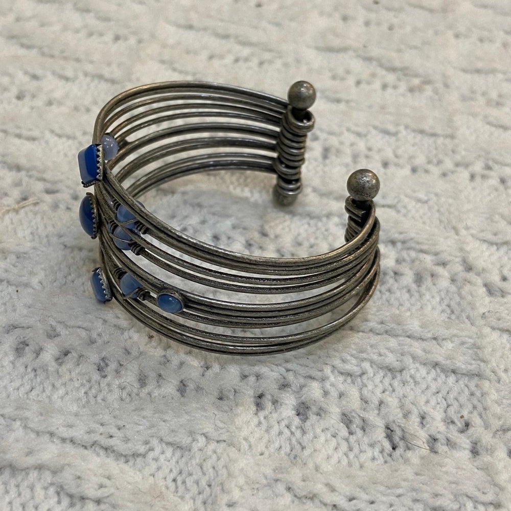 Silver Multi Strand with Blue Stones Cuff Bangle
