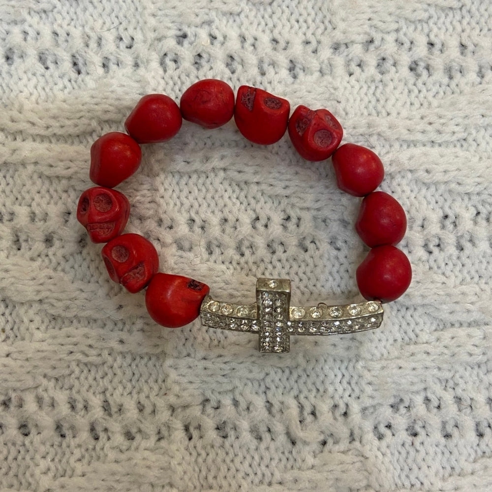 Cross and Skull Red Beaded Bracelet