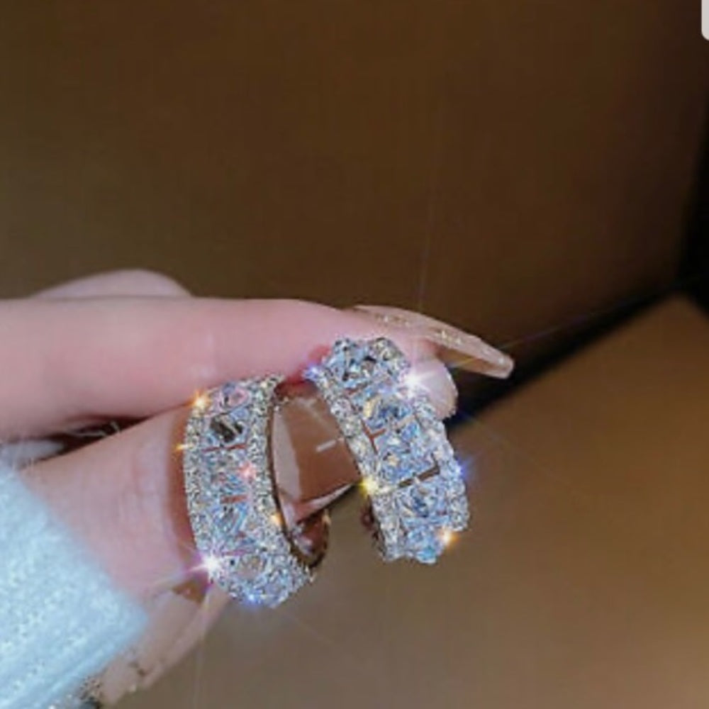 Faux Diamond Cubic Zirconia 925 Silver Stud Hoop Earrings