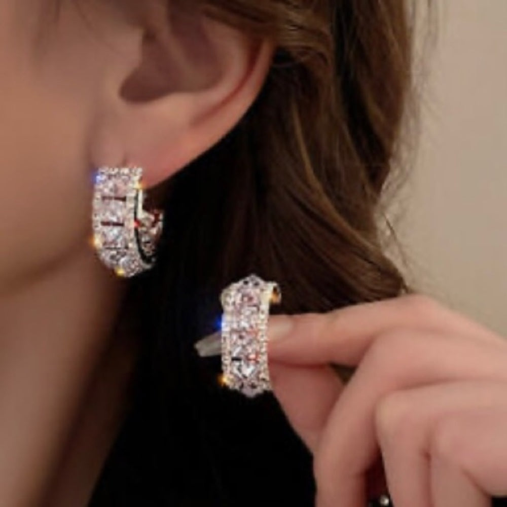 Faux Diamond Cubic Zirconia 925 Silver Stud Hoop Earrings