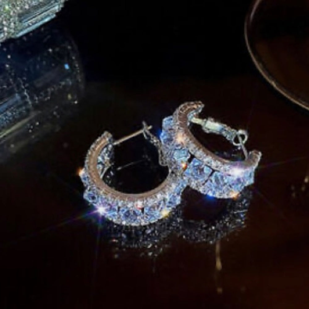 Faux Diamond Cubic Zirconia 925 Silver Stud Hoop Earrings