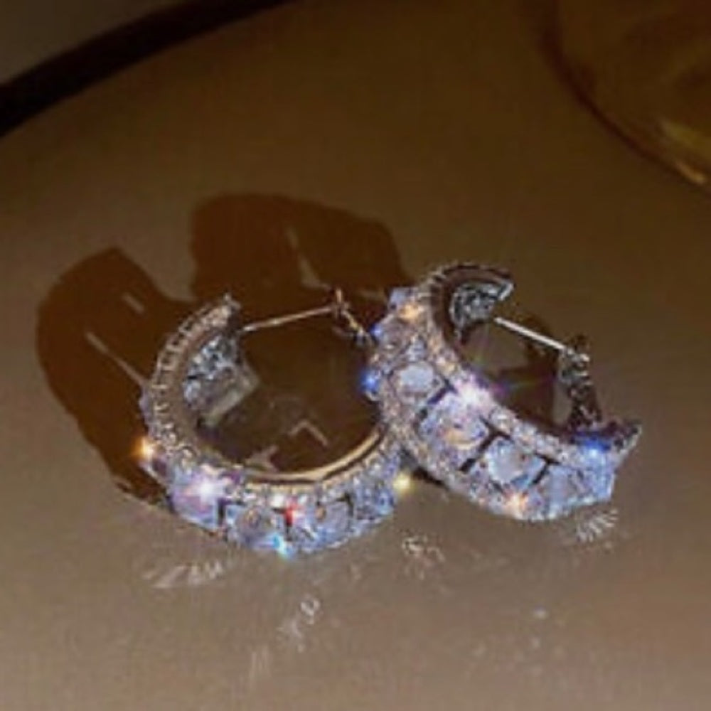 Faux Diamond Cubic Zirconia 925 Silver Stud Hoop Earrings