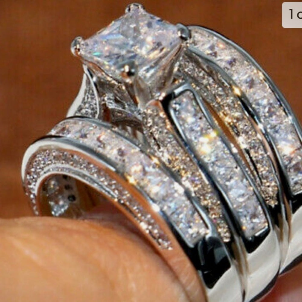 3pc Cubic Zirconia 925 Silver Filled Engagement-Wedding Rings Set