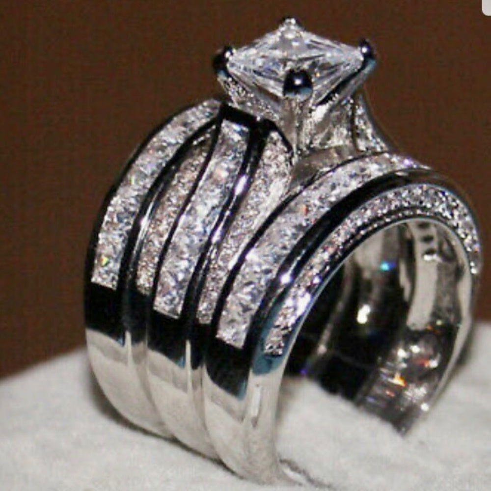 3pc Cubic Zirconia 925 Silver Filled Engagement-Wedding Rings Set