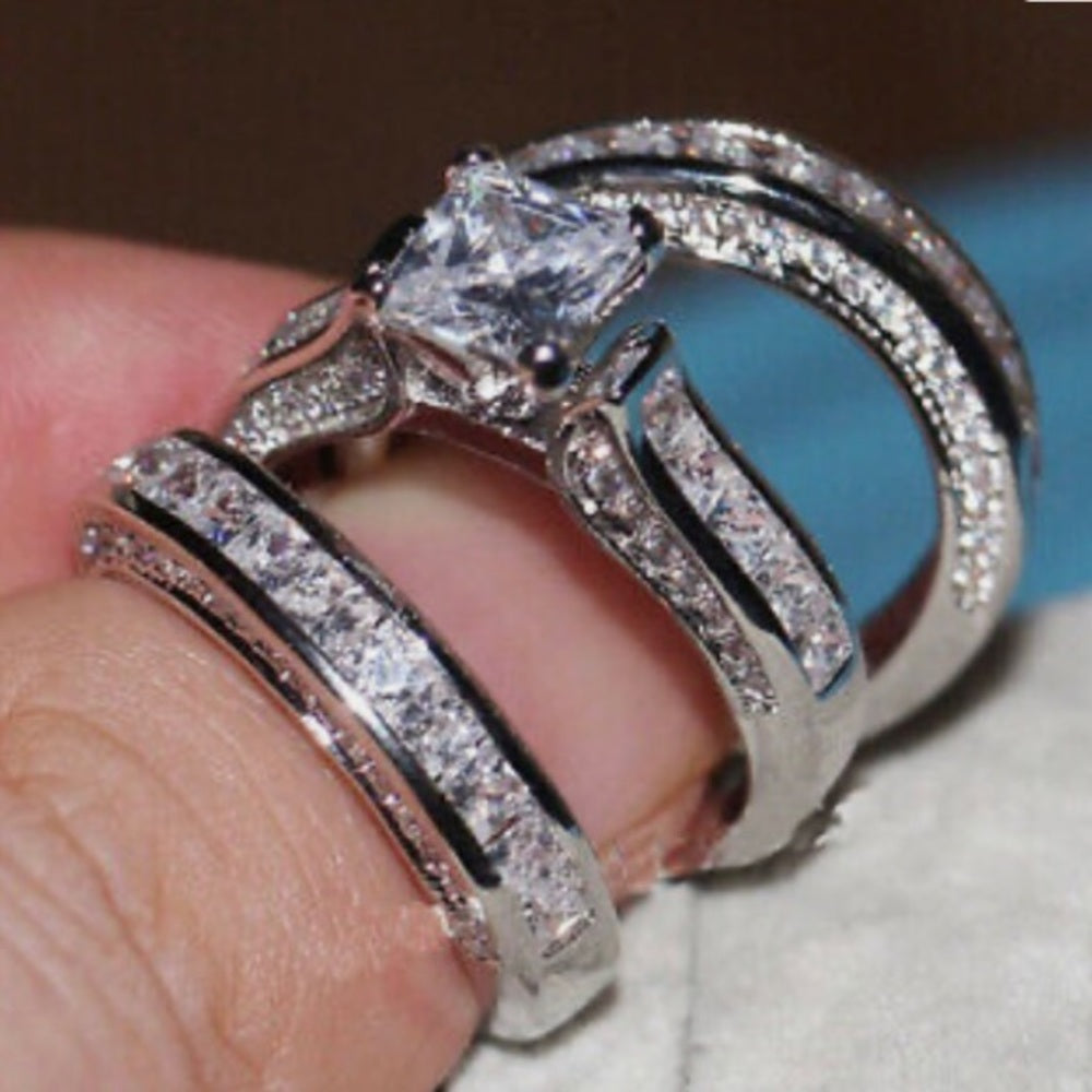 3pc Cubic Zirconia 925 Silver Filled Engagement-Wedding Rings Set