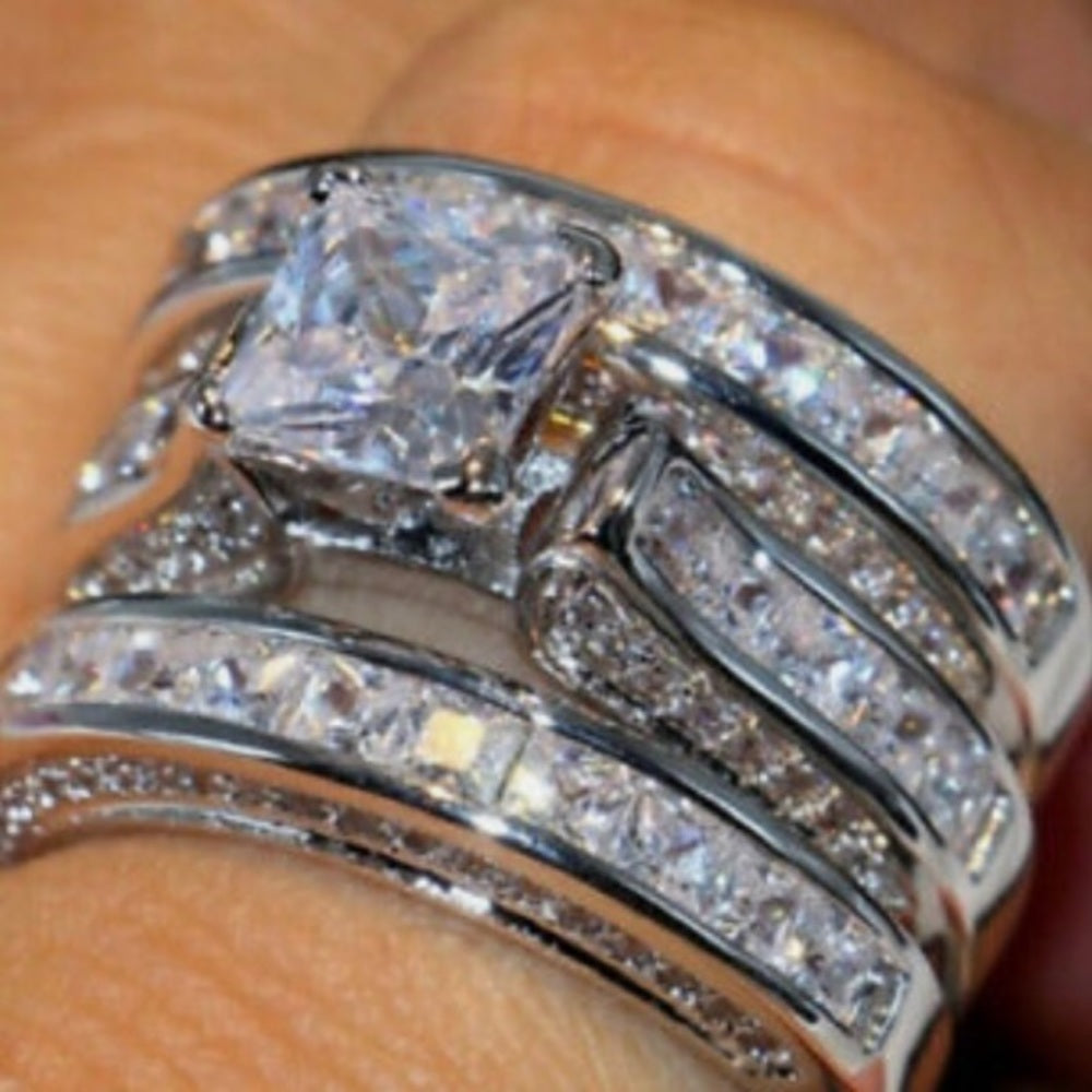 3pc Cubic Zirconia 925 Silver Filled Engagement-Wedding Rings Set