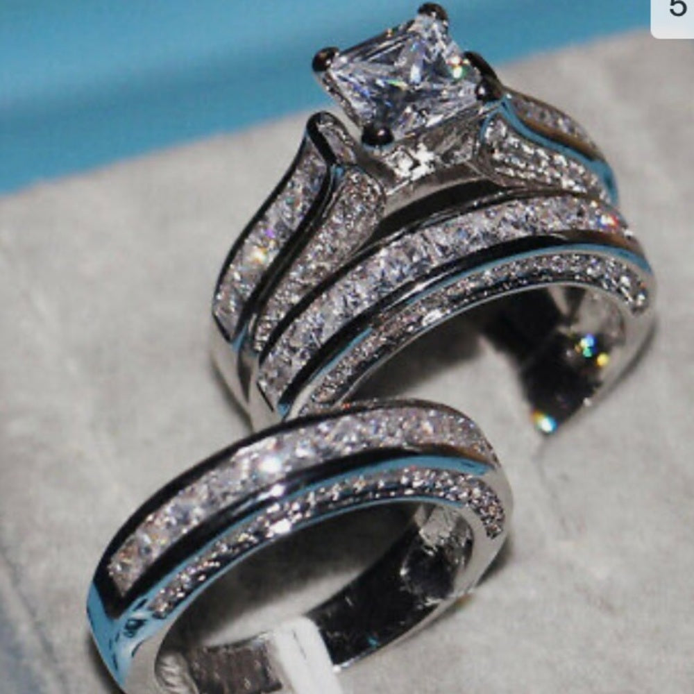 3pc Cubic Zirconia 925 Silver Filled Engagement-Wedding Rings Set