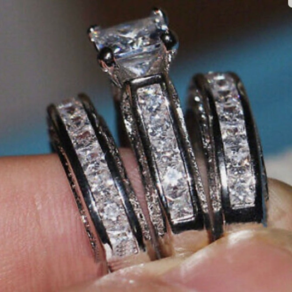 3pc Cubic Zirconia 925 Silver Filled Engagement-Wedding Rings Set
