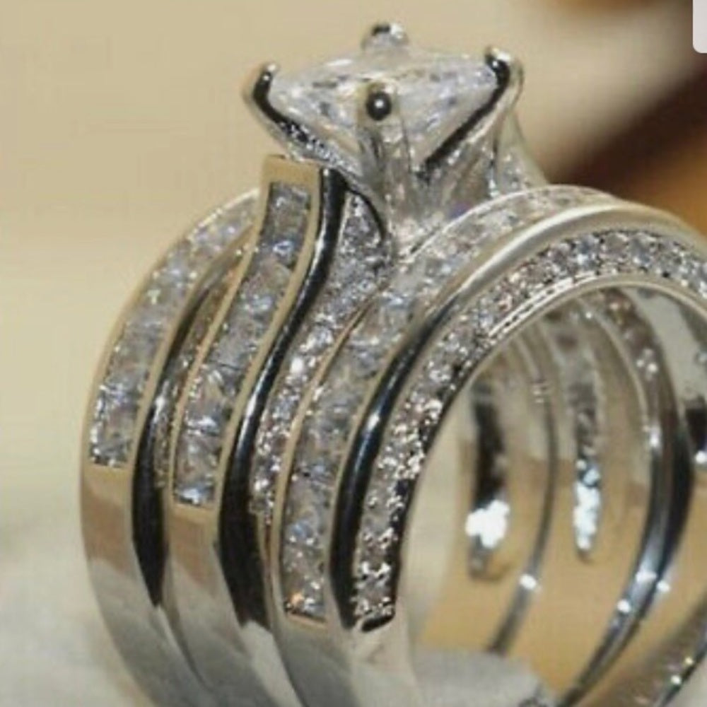 3pc Cubic Zirconia 925 Silver Filled Engagement-Wedding Rings Set