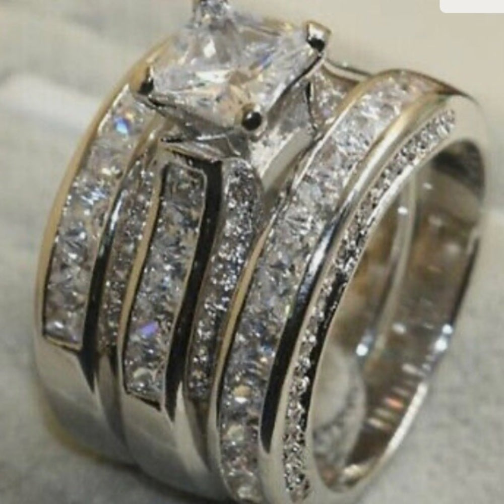 3pc Cubic Zirconia 925 Silver Filled Engagement-Wedding Rings Set