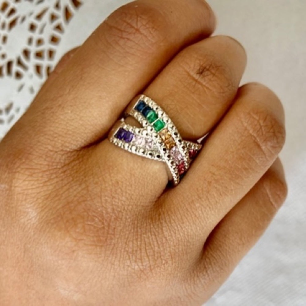 Multi-color Gemstones- Cubic Zirconia 925 Silver Ring