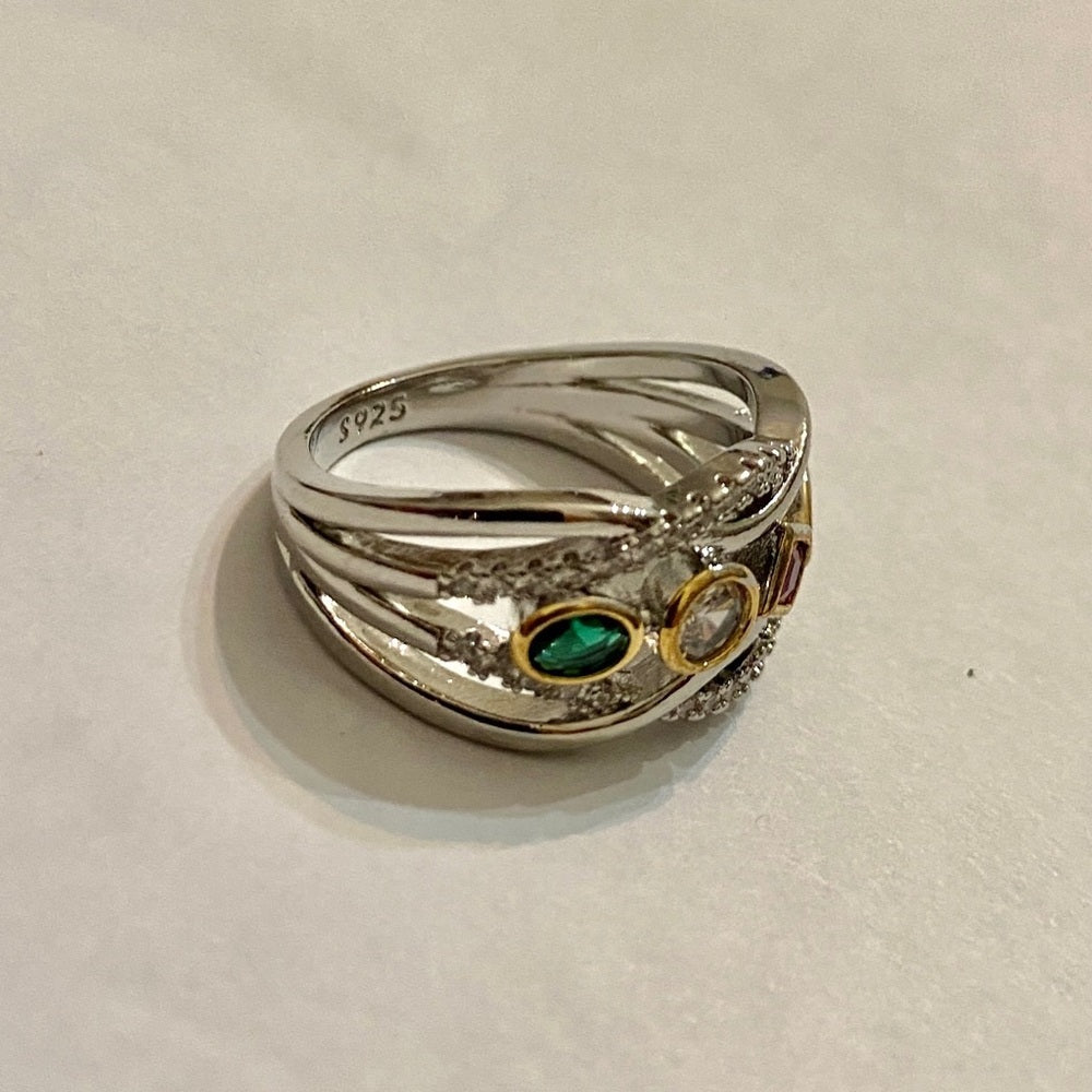 Multi-color Faux Gemstones -Cubic Zirconia 925 Silver Filled Ring