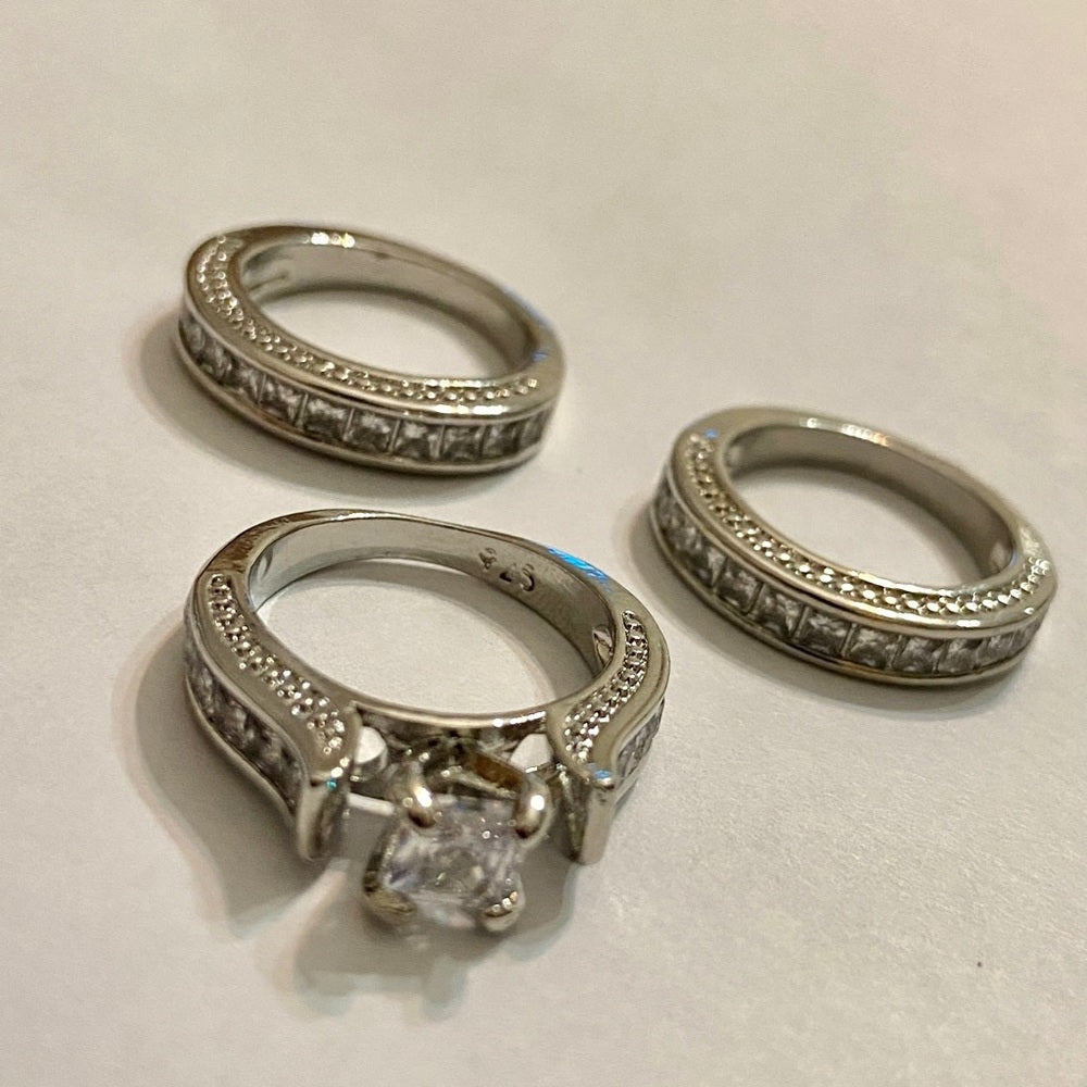 3pc Cubic Zirconia 925 Silver Filled Engagement-Wedding Rings Set