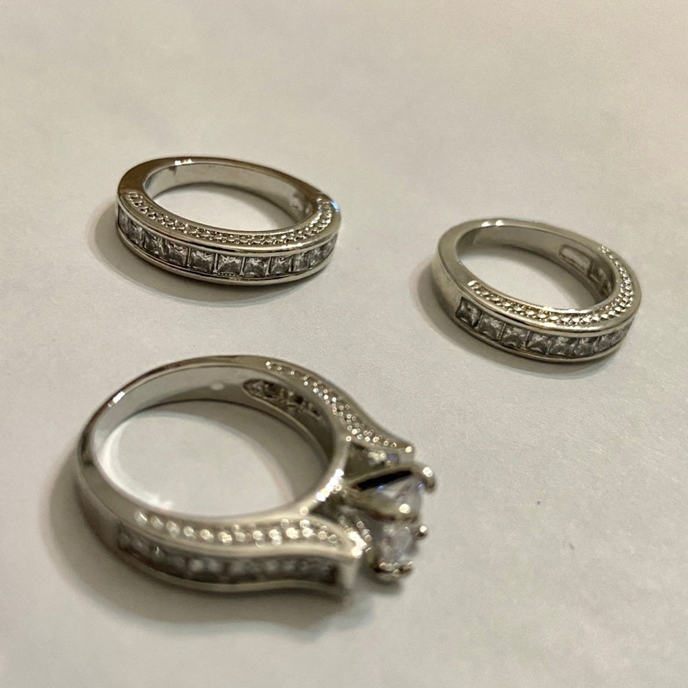 3pc Cubic Zirconia 925 Silver Filled Engagement-Wedding Rings Set
