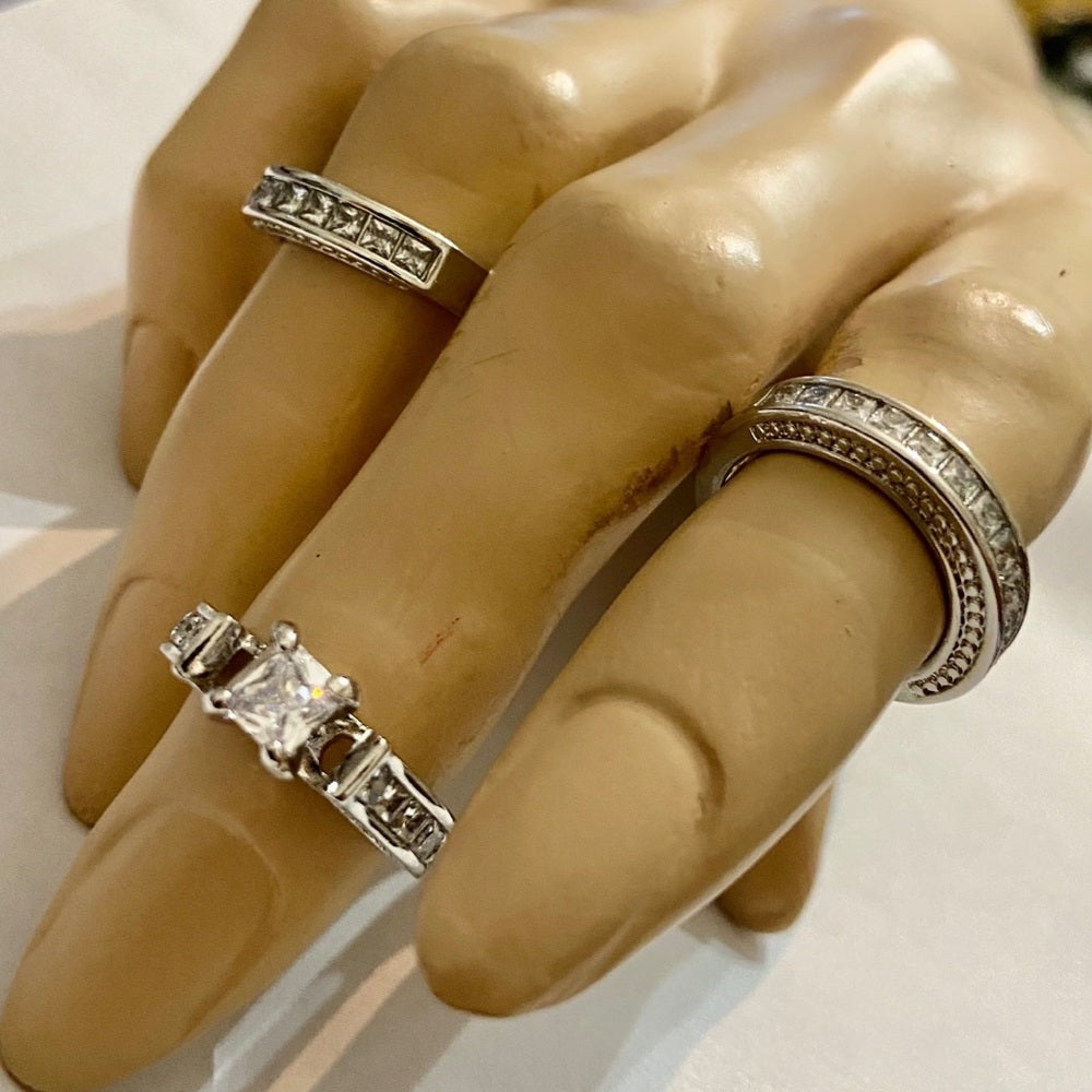 3pc Cubic Zirconia 925 Silver Filled Engagement-Wedding Rings Set