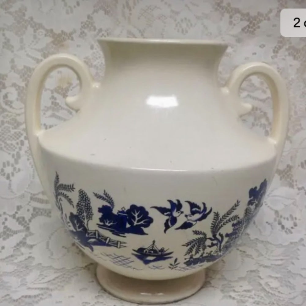 Vintage, Art Deco, Weller Large, Centerpiece, Blue Willow Vase 9in H x 9in W (s