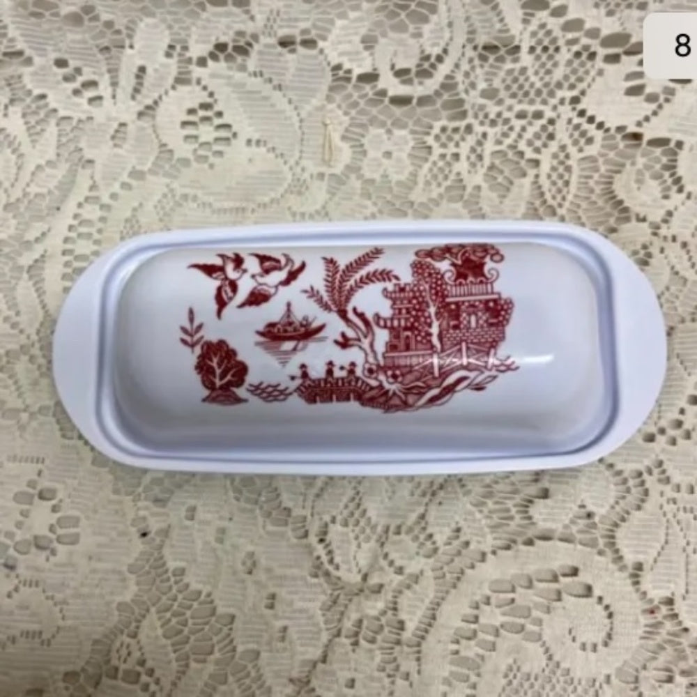 Red Willow Melamine Covered Butter Dish 7.5in L x 3.5in W x 2in H.