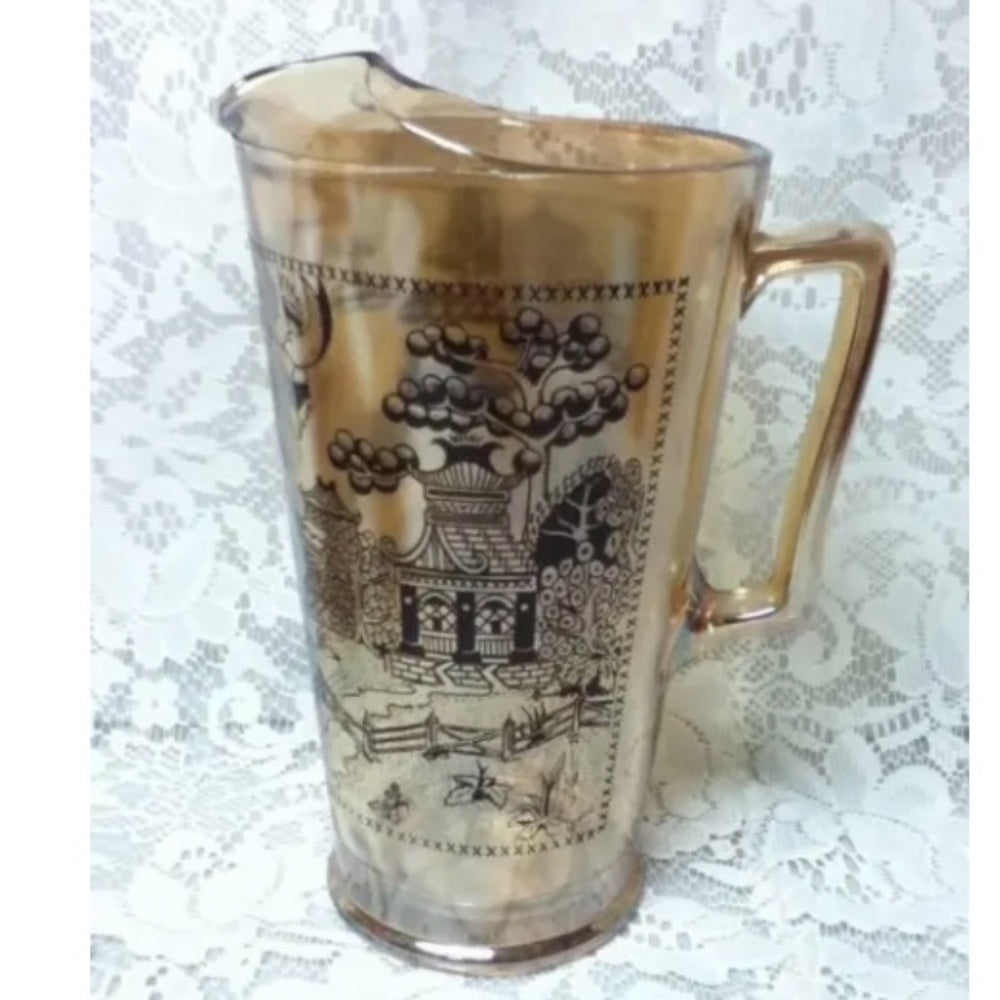 Vintage, 6-pc Set Blue willow Carnival Glass Pitcher and Juice Glasses