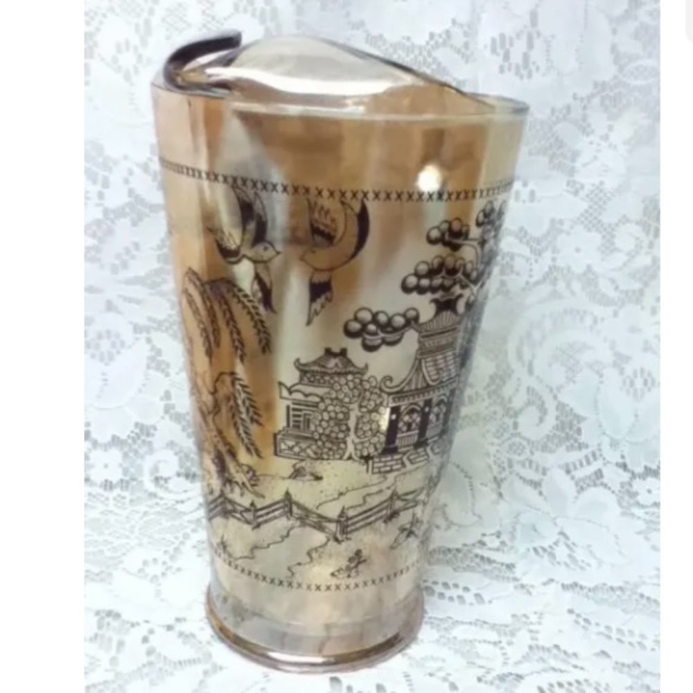 Vintage, 6-pc Set Blue willow Carnival Glass Pitcher and Juice Glasses