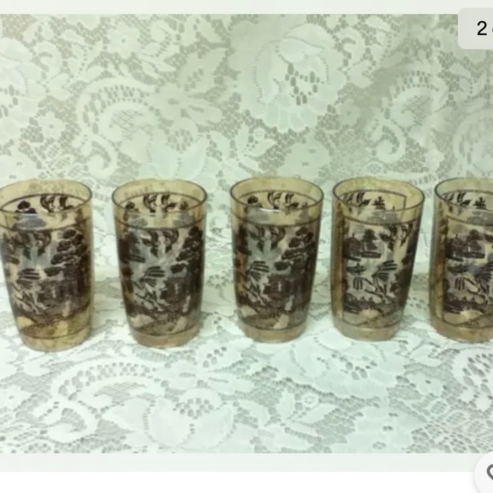 Vintage, 6-pc Set Blue willow Carnival Glass Pitcher and Juice Glasses