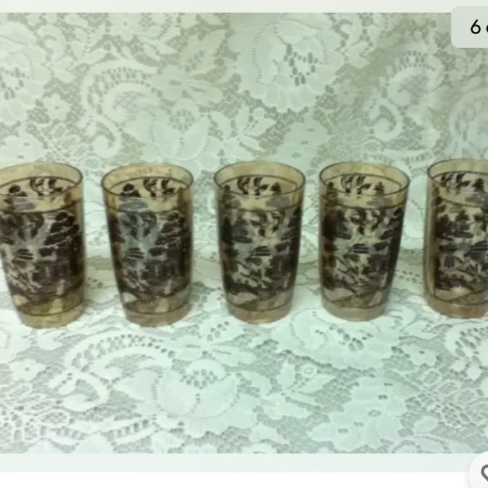 Vintage, 6-pc Set Blue willow Carnival Glass Pitcher and Juice Glasses