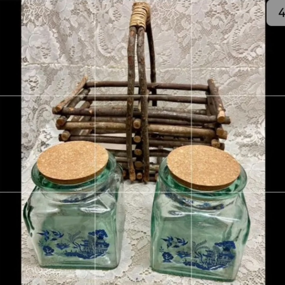 Vintage 3-pc Blue Willow Glass Canister Set w/ Drift Wood Rack 13inx12inx7in