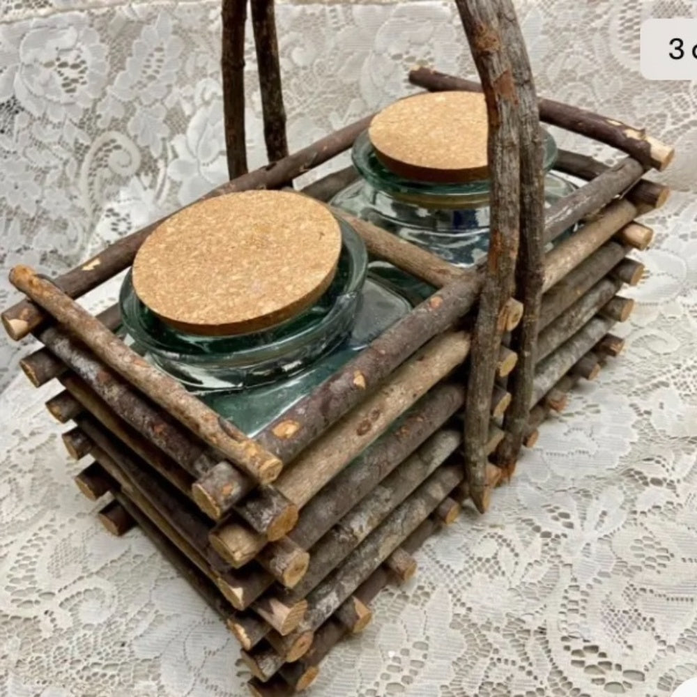 Vintage 3-pc Blue Willow Glass Canister Set w/ Drift Wood Rack 13inx12inx7in