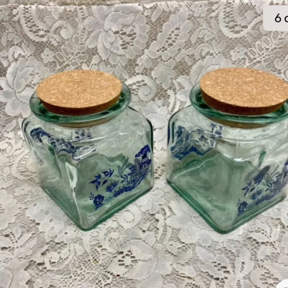 Vintage 3-pc Blue Willow Glass Canister Set w/ Drift Wood Rack 13inx12inx7in