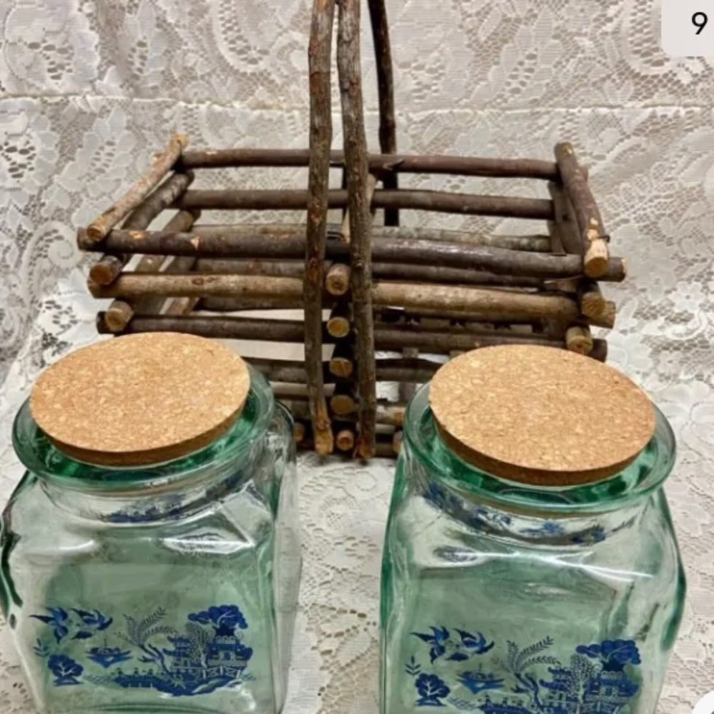 Vintage 3-pc Blue Willow Glass Canister Set w/ Drift Wood Rack 13inx12inx7in