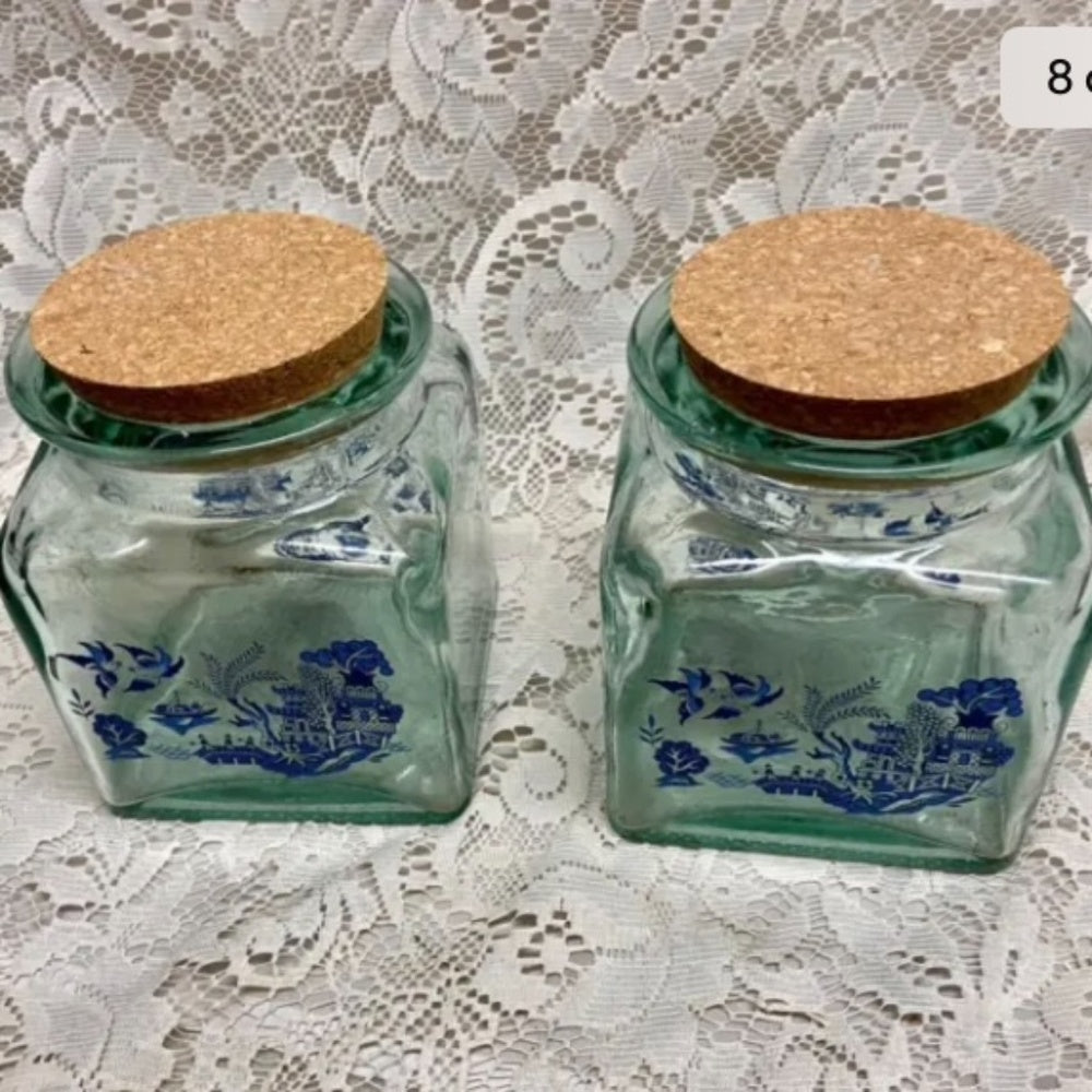 Vintage 3-pc Blue Willow Glass Canister Set w/ Drift Wood Rack 13inx12inx7in