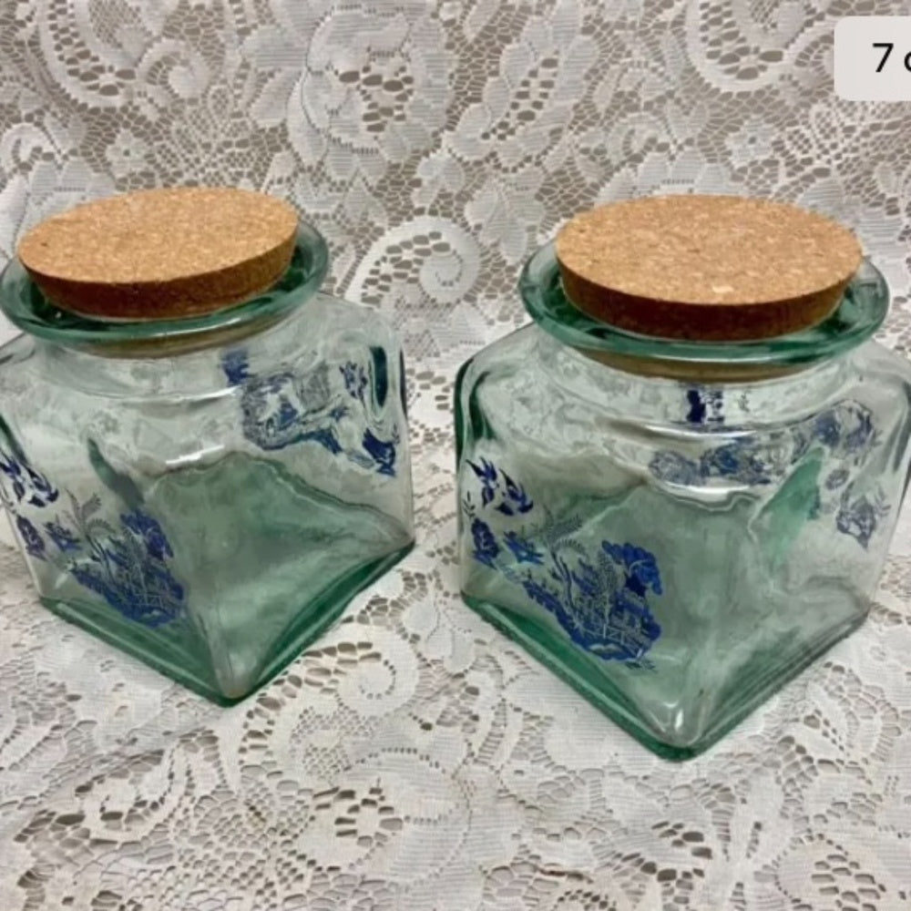 Vintage 3-pc Blue Willow Glass Canister Set w/ Drift Wood Rack 13inx12inx7in