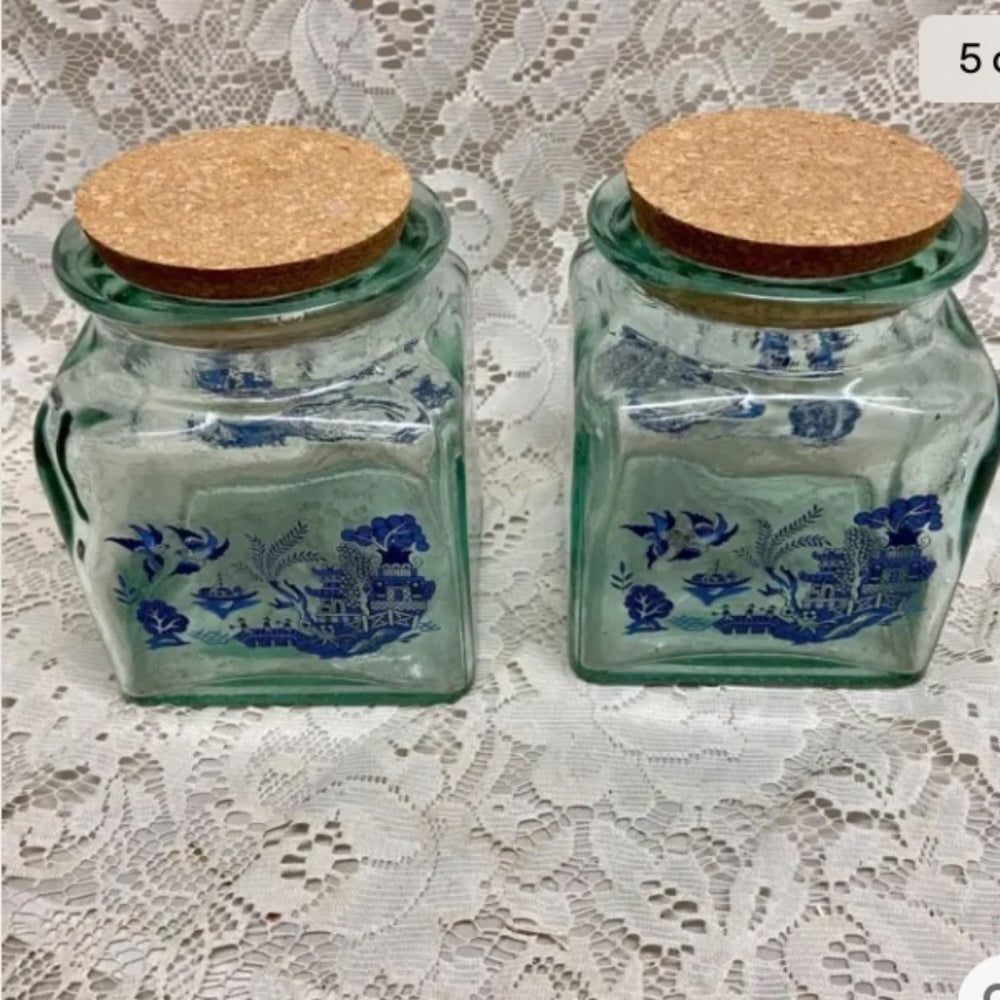 Vintage 3-pc Blue Willow Glass Canister Set w/ Drift Wood Rack 13inx12inx7in