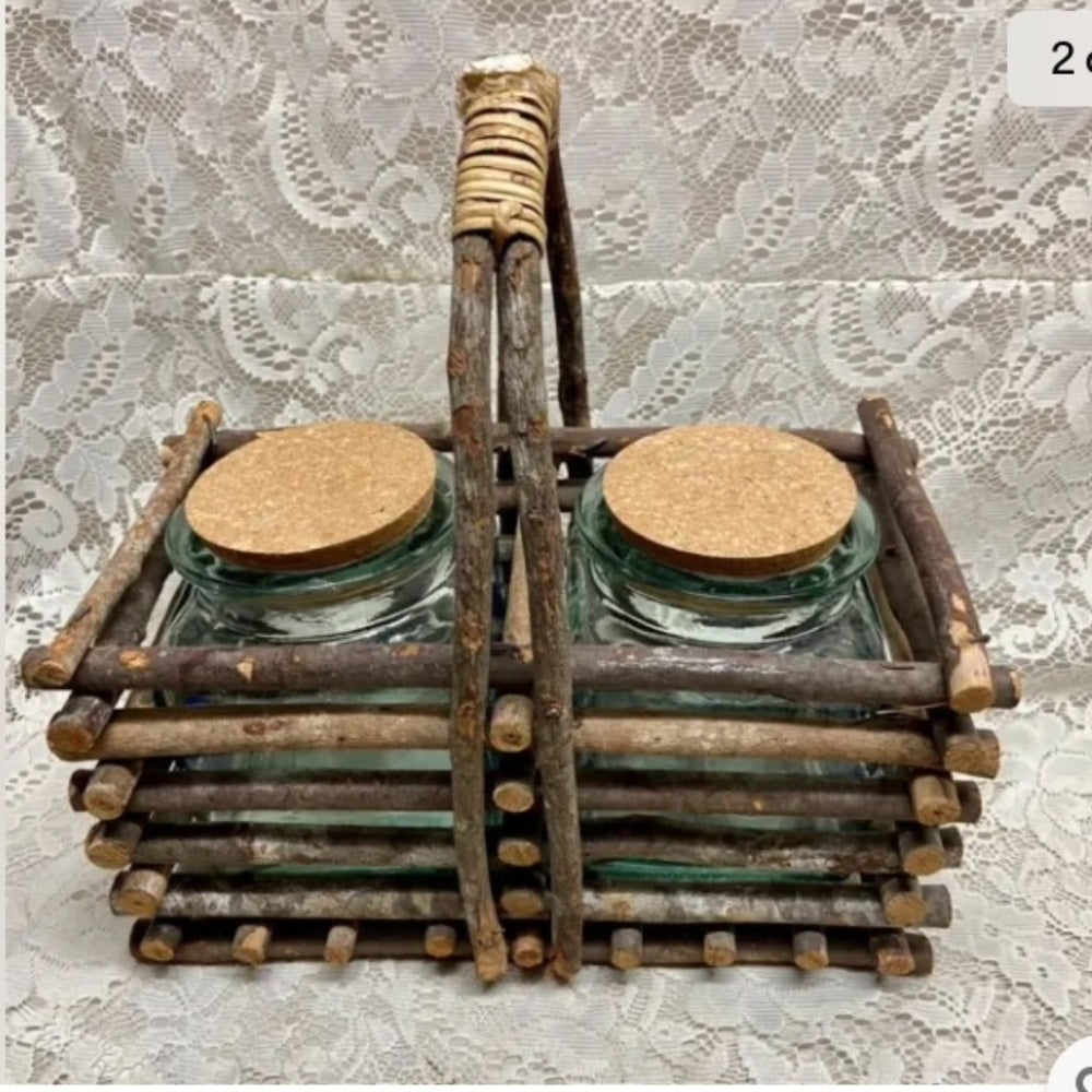 Vintage 3-pc Blue Willow Glass Canister Set w/ Drift Wood Rack 13inx12inx7in