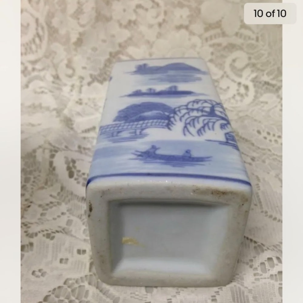 Vintage, Variant Blue Willow Large, Heavy Square Flower Vase 6in x 3in