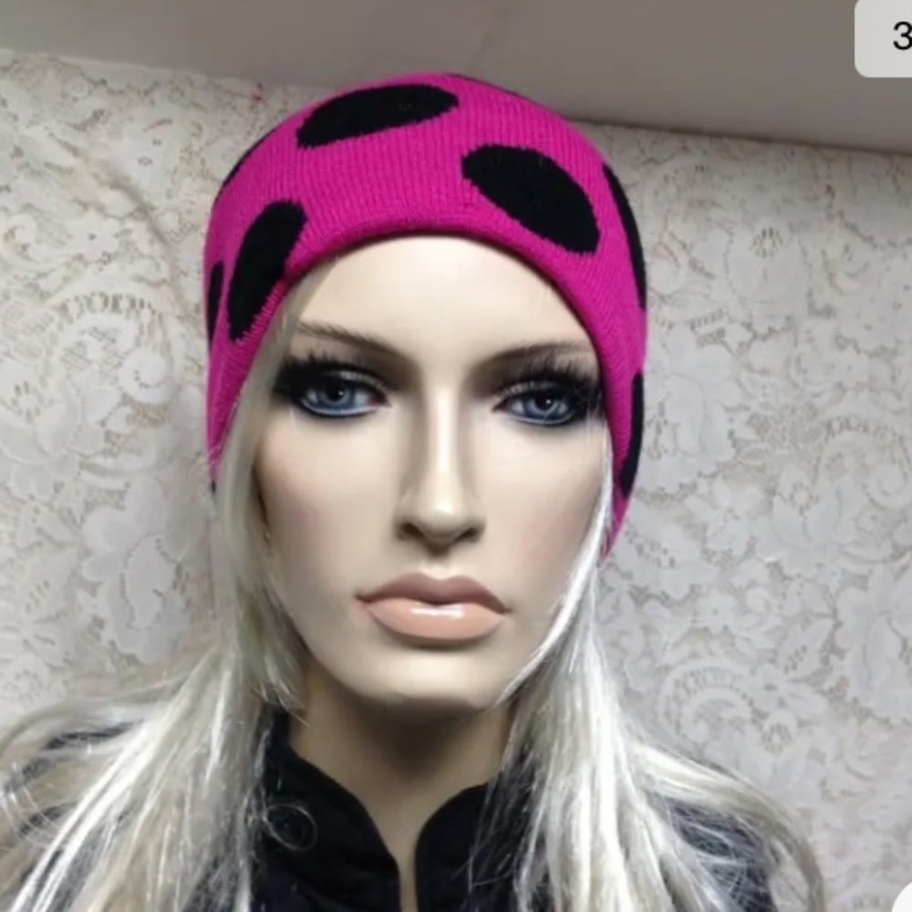 Stunning, Falls Creek Fits All Fuchsia and Black Polka Dot Knitted Hat